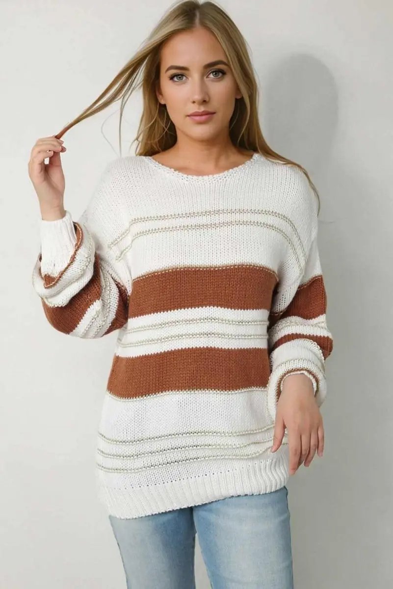 Striped Round Neck Dropped Shoulder Sweater - Love Salve